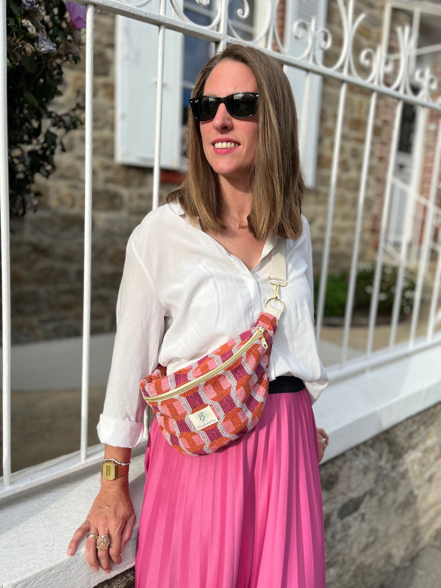 Sac Banane Jacquard Rose et Orange motif géométrique
