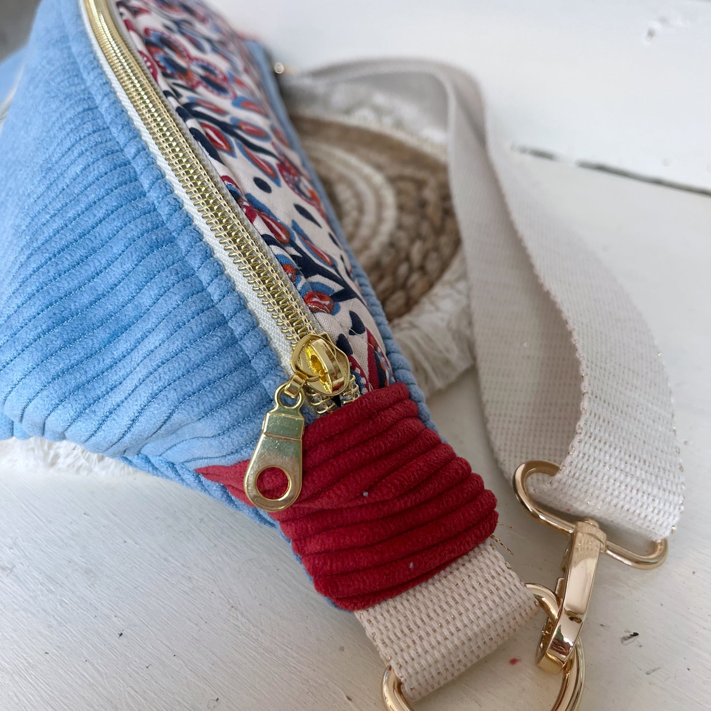 Sac Banane Velours côtelé tricolore fleurs, sangle réglable coton lurex