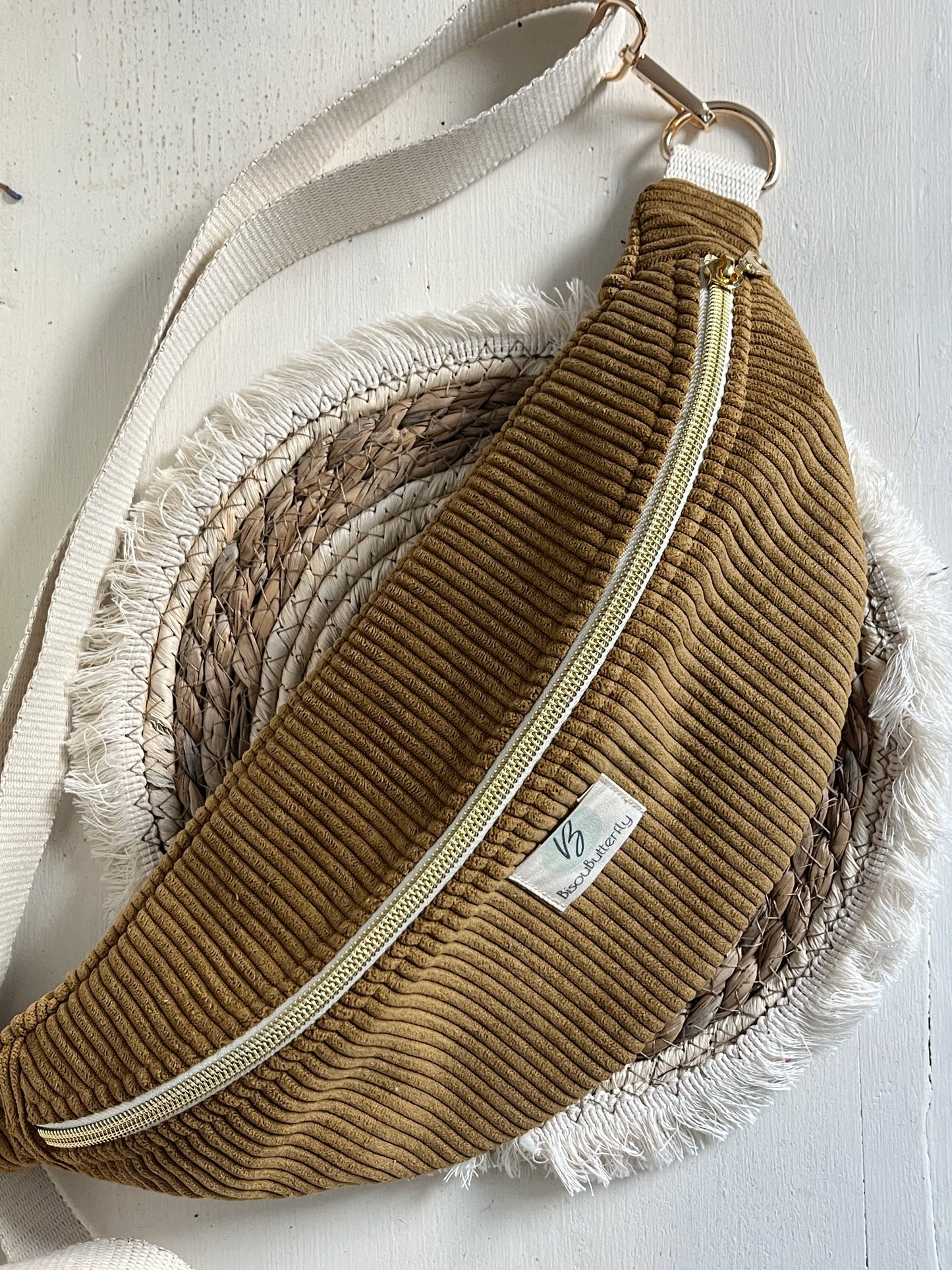 Sac Banane Velours côtelé Ocre, sangle réglable coton lurex