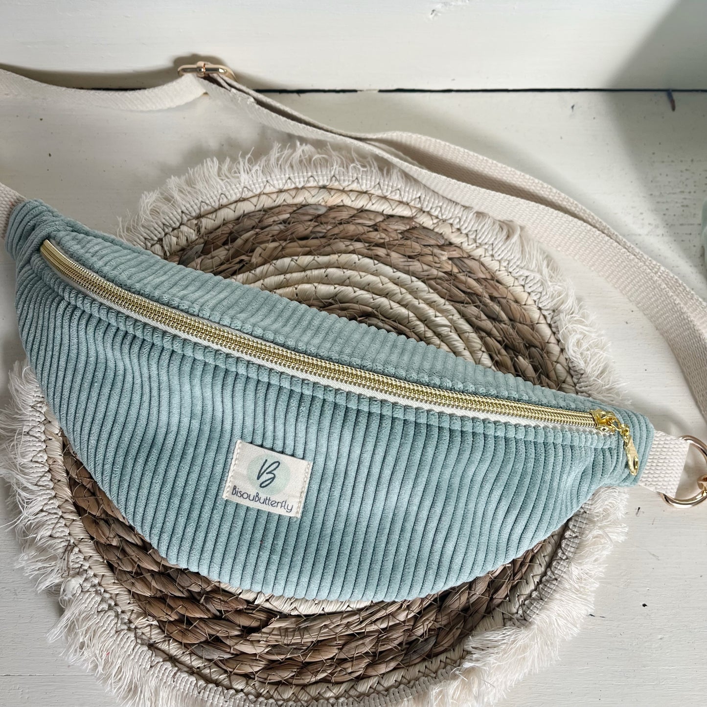 Sac banane ENFANT/ADO velours côtelé bleu ciel