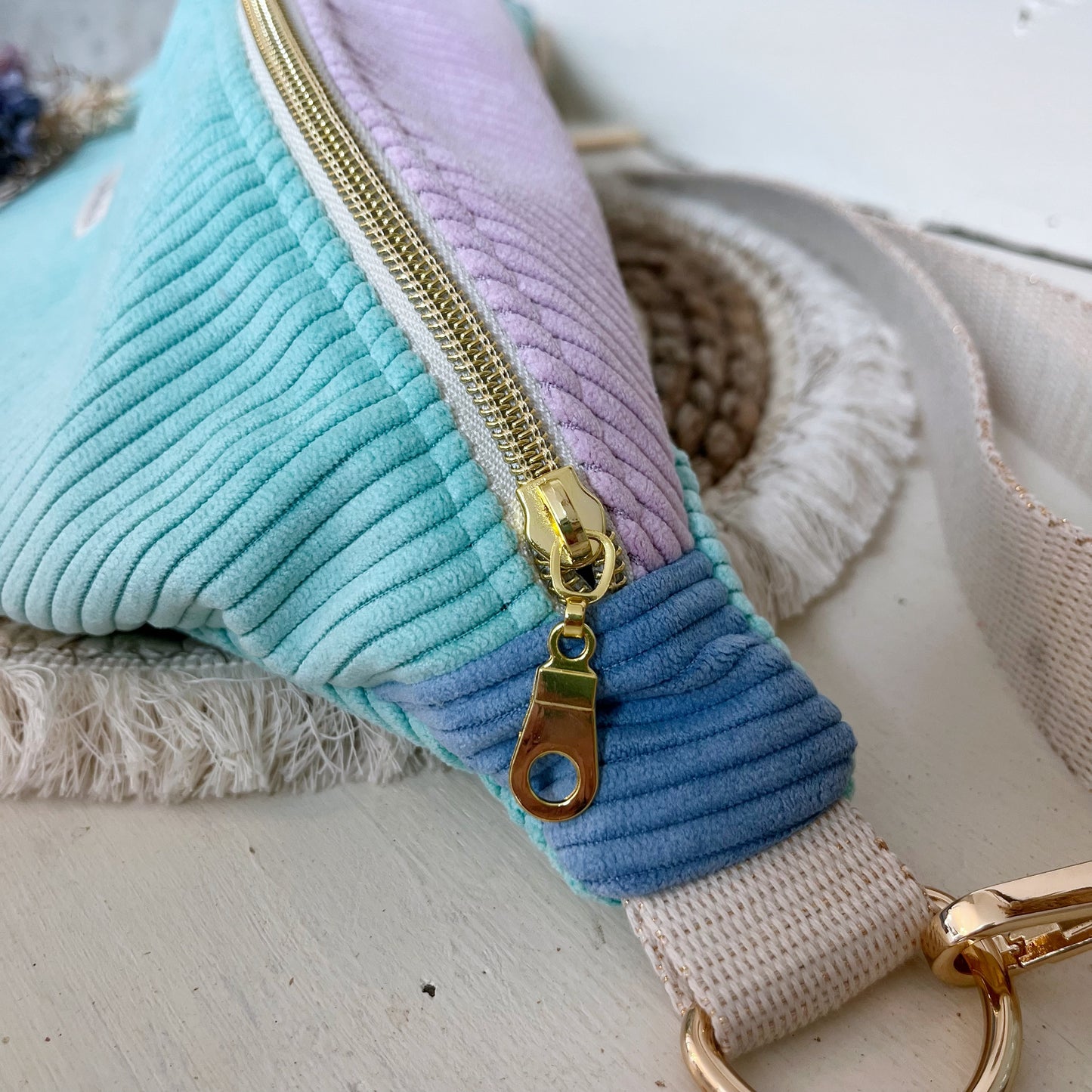Sac Banane Velours côtelé multicolore, sangle réglable coton lurex