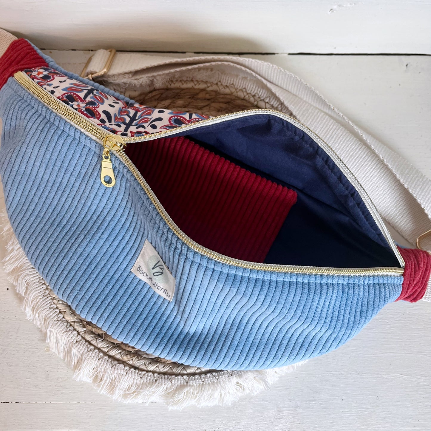 Sac Banane Velours côtelé tricolore fleurs, sangle réglable coton lurex