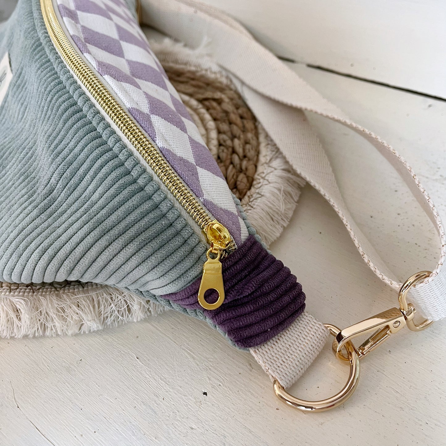 Sac Banane Velours côtelé multicolore checkers, sangle réglable coton lurex
