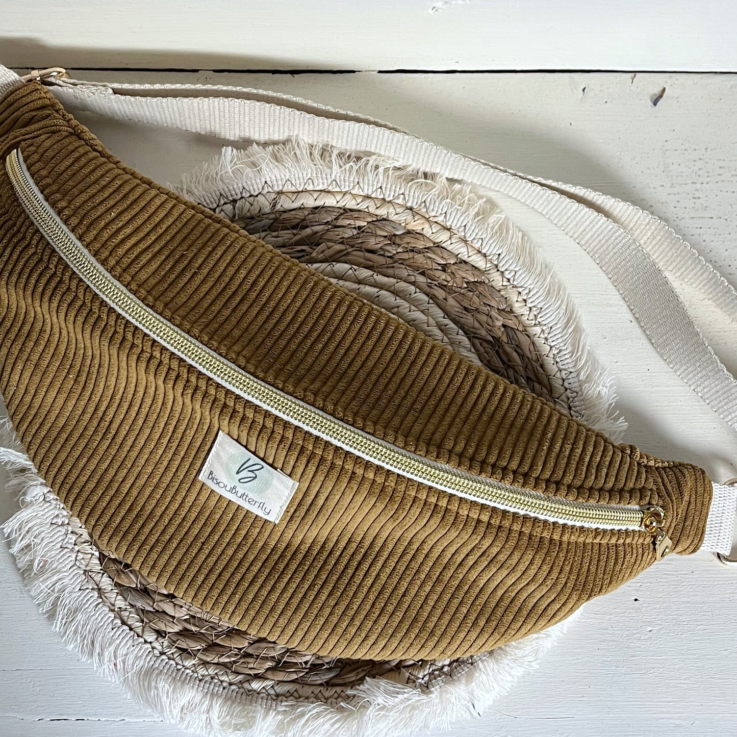 Sac Banane Velours côtelé Ocre, sangle réglable coton lurex