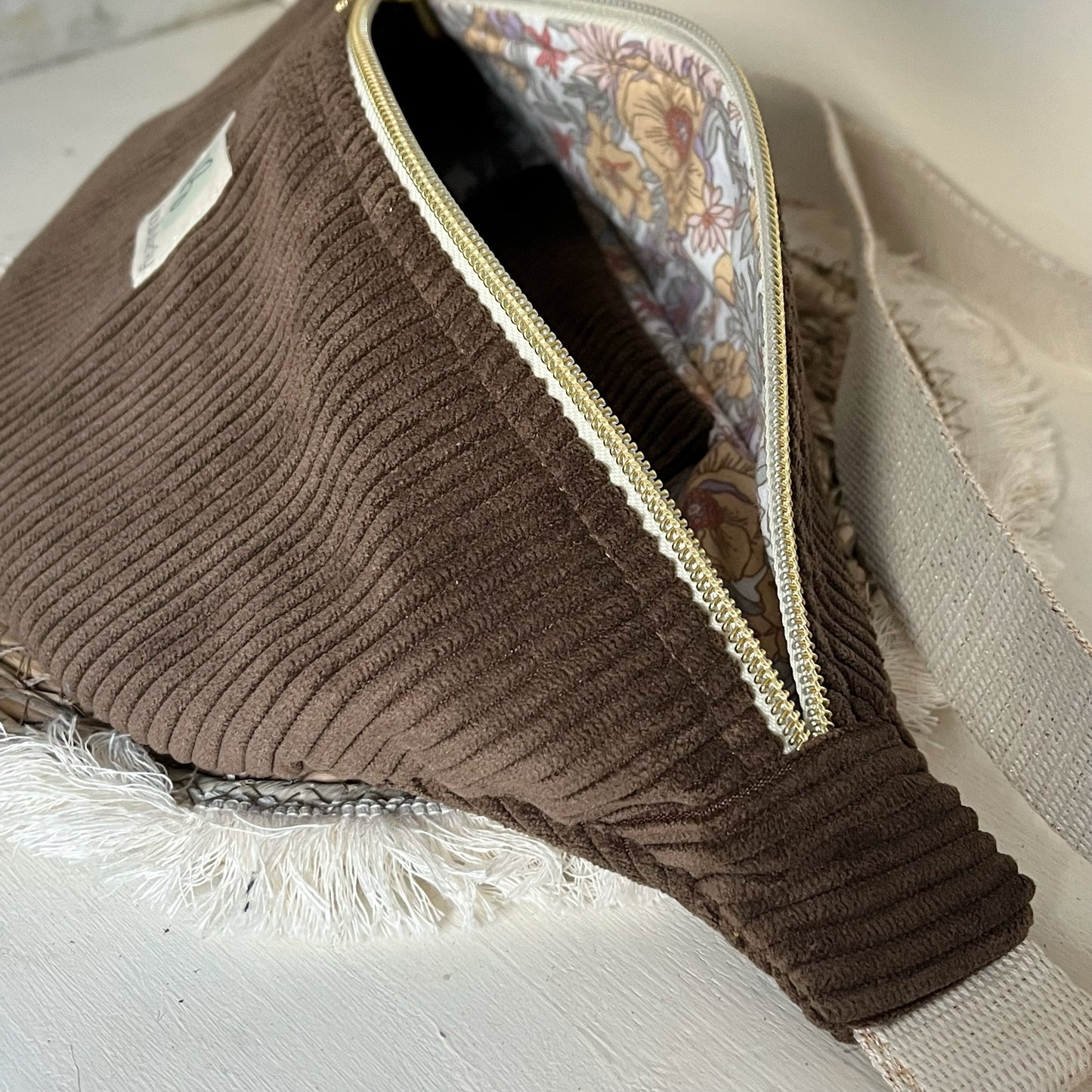 Sac Banane Velours côtelé Chocolat, sangle réglable coton lurex