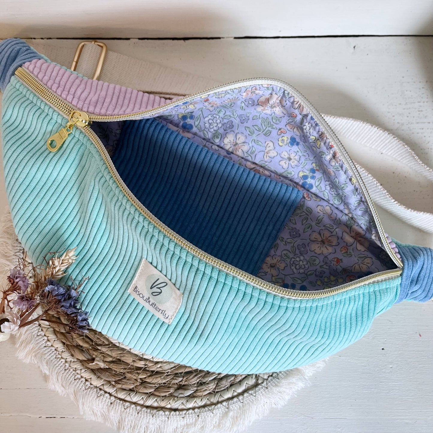 Sac Banane Velours côtelé multicolore, sangle réglable coton lurex