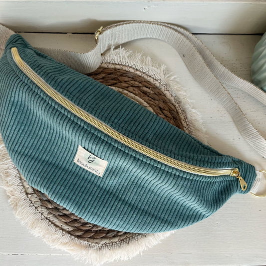 Sac Banane Velours côtelé couleur Émeraude, sangle réglable coton lurex