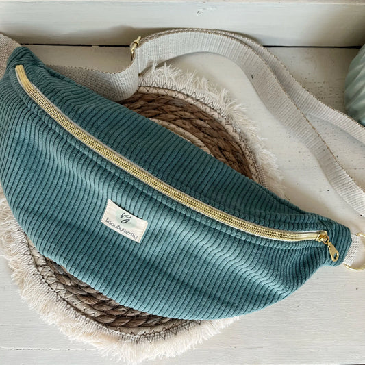 Sac Banane Velours côtelé couleur Émeraude, sangle réglable coton lurex BisouButterfly Dev