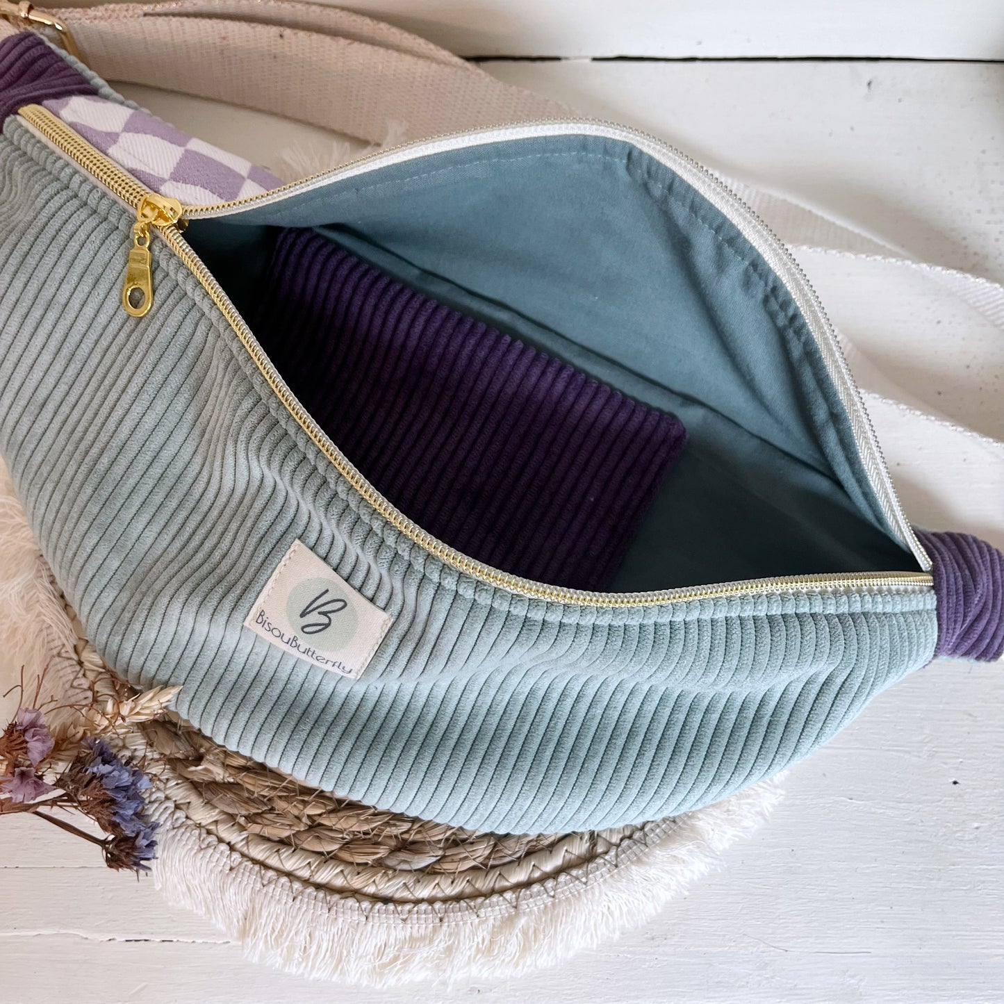 Sac Banane Velours côtelé multicolore checkers, sangle réglable coton lurex