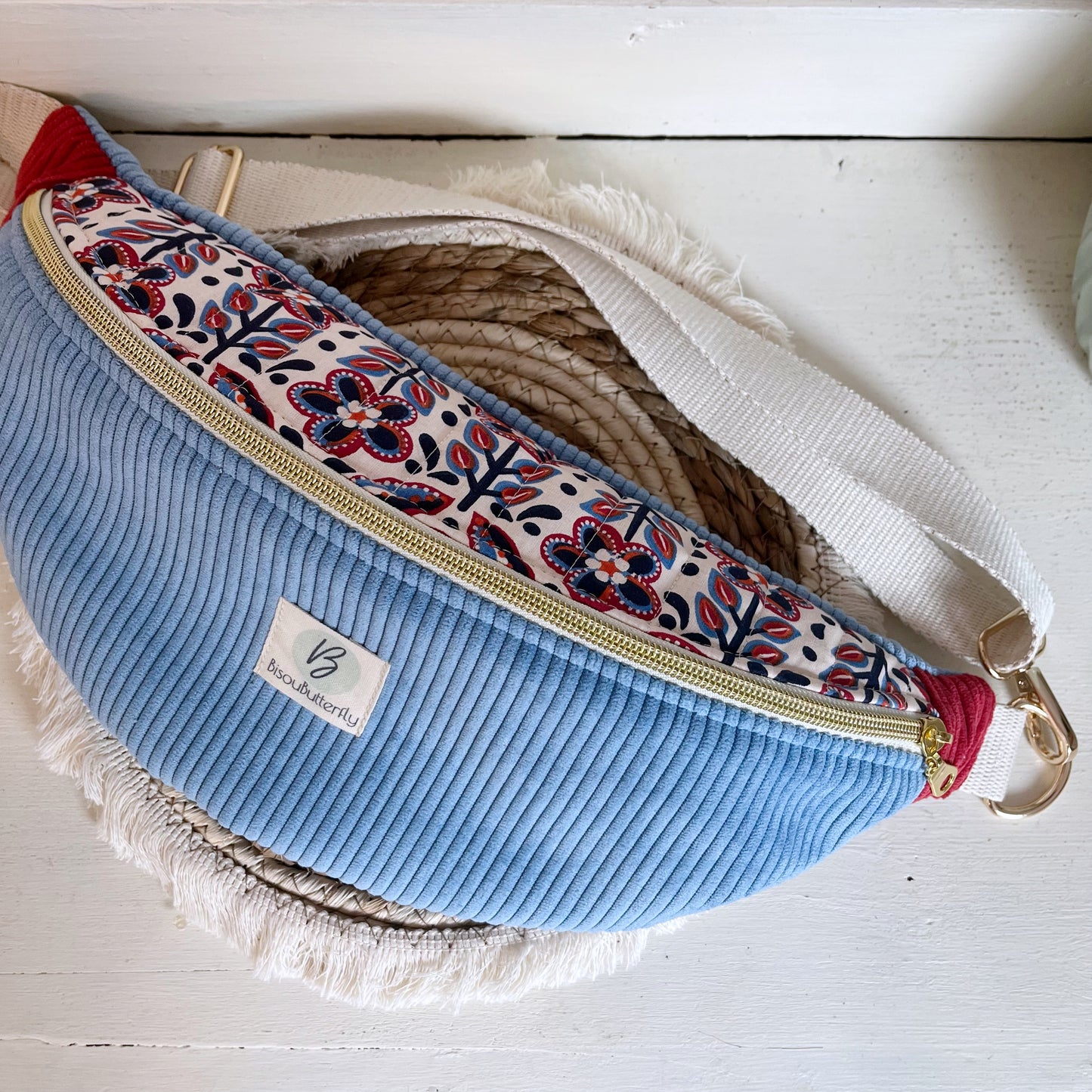 Sac Banane Velours côtelé tricolore fleurs, sangle réglable coton lurex