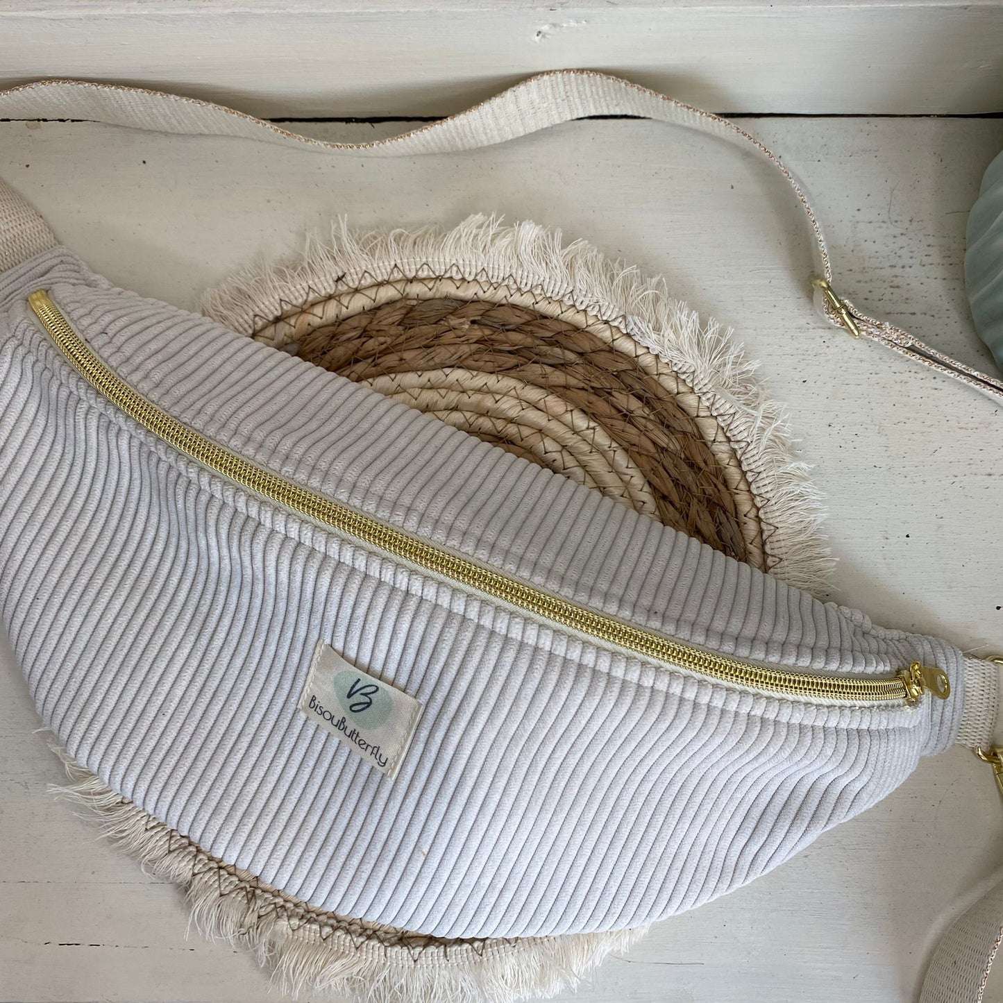 Sac Banane Velours côtelé couleur crême, sangle réglable coton lurex