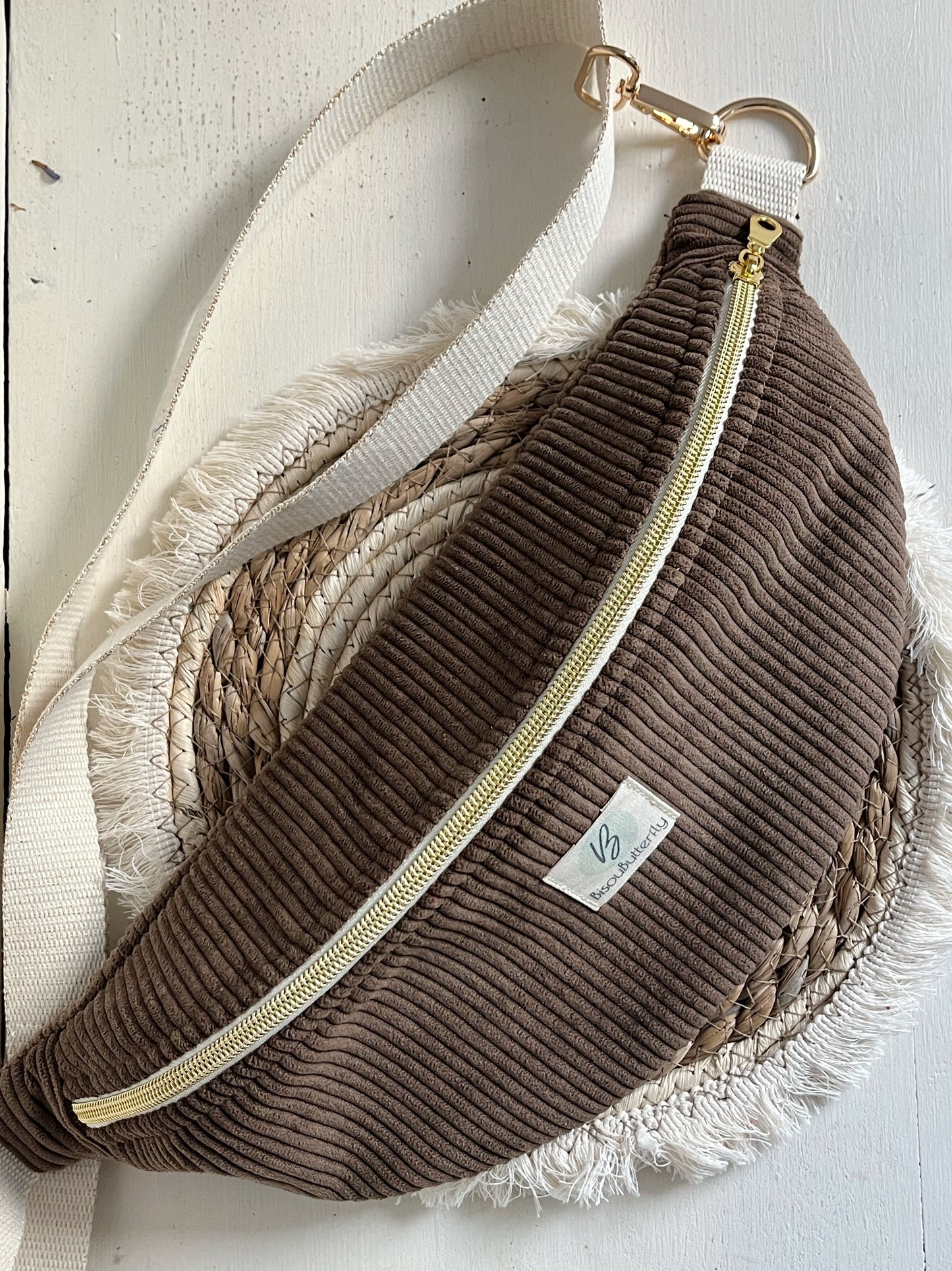 Sac Banane Velours côtelé Chocolat, sangle réglable coton lurex