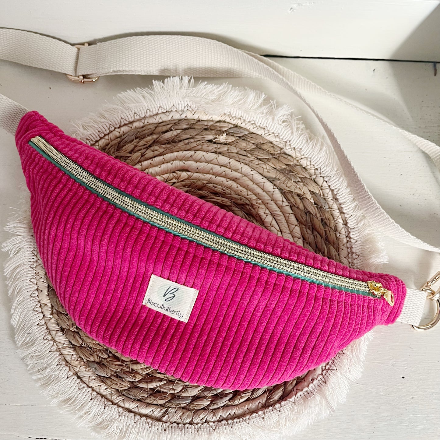 Sac banane ENFANT/ADO velours côtelé rose flashy