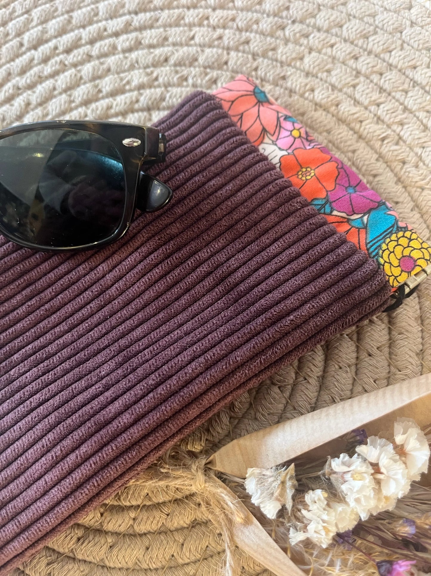 Étui à lunettes velours côtelé prune BisouButterfly interieur fleuri