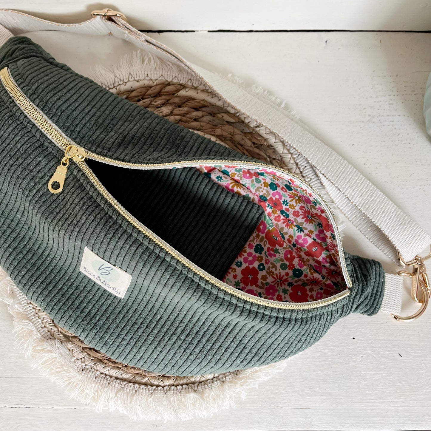 Sac Banane Velours côtelé couleur Kaki sangle réglable coton lurex