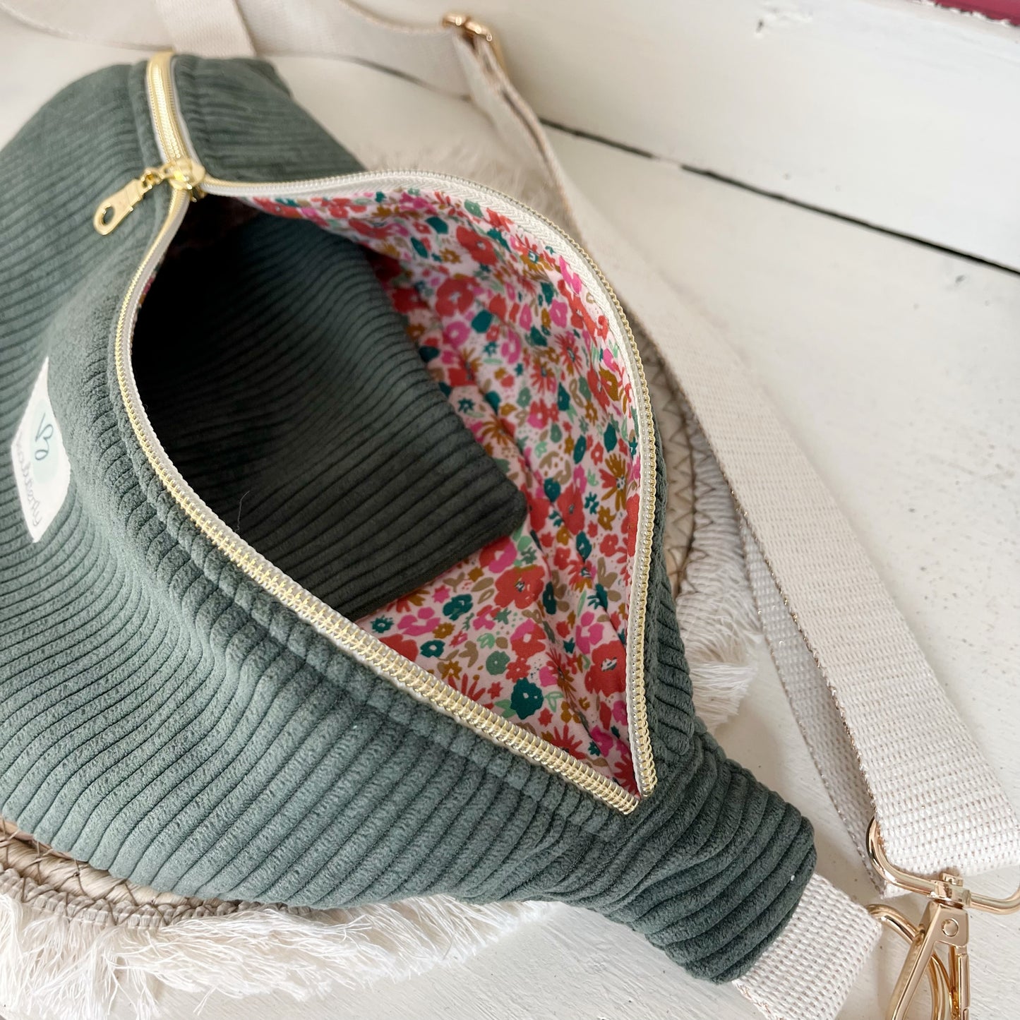 Sac Banane Velours côtelé couleur Kaki sangle réglable coton lurex