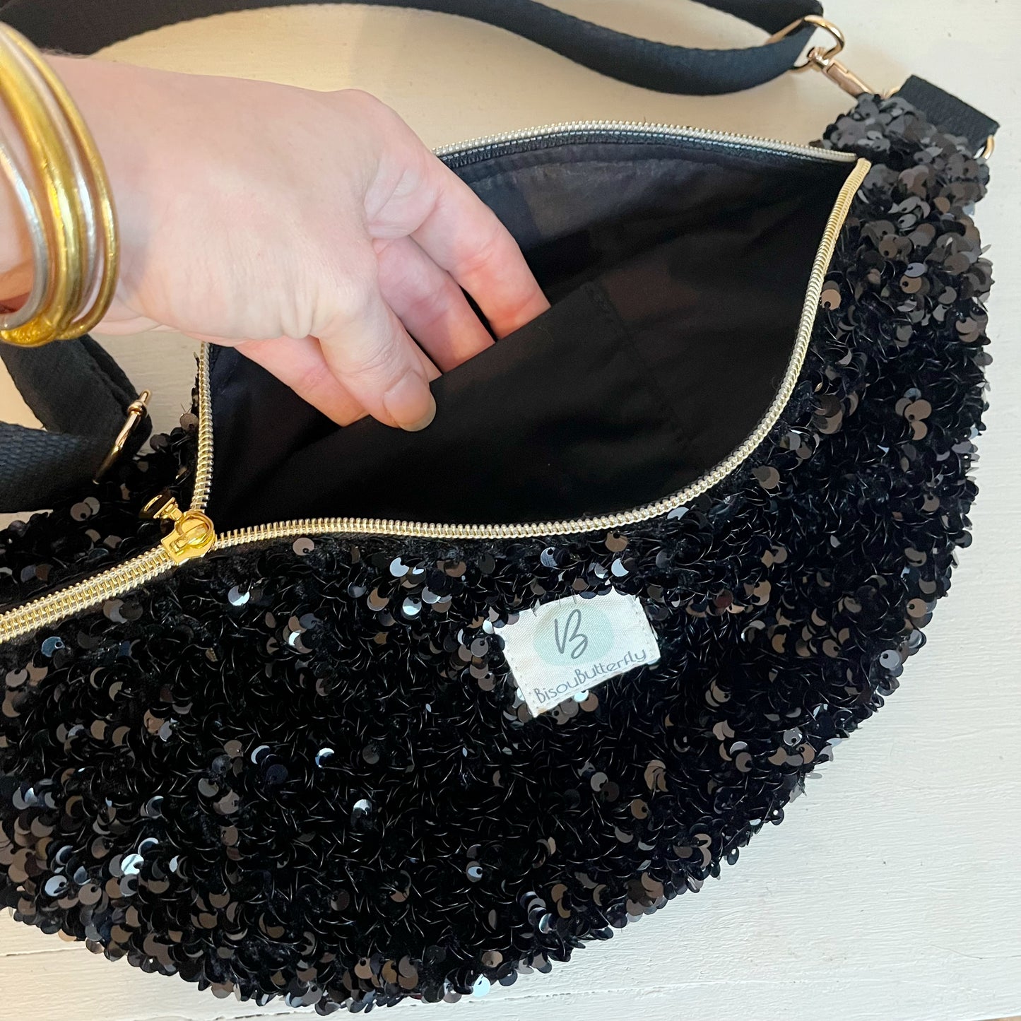 Sac Banane Paillettes Noir sangle réglable