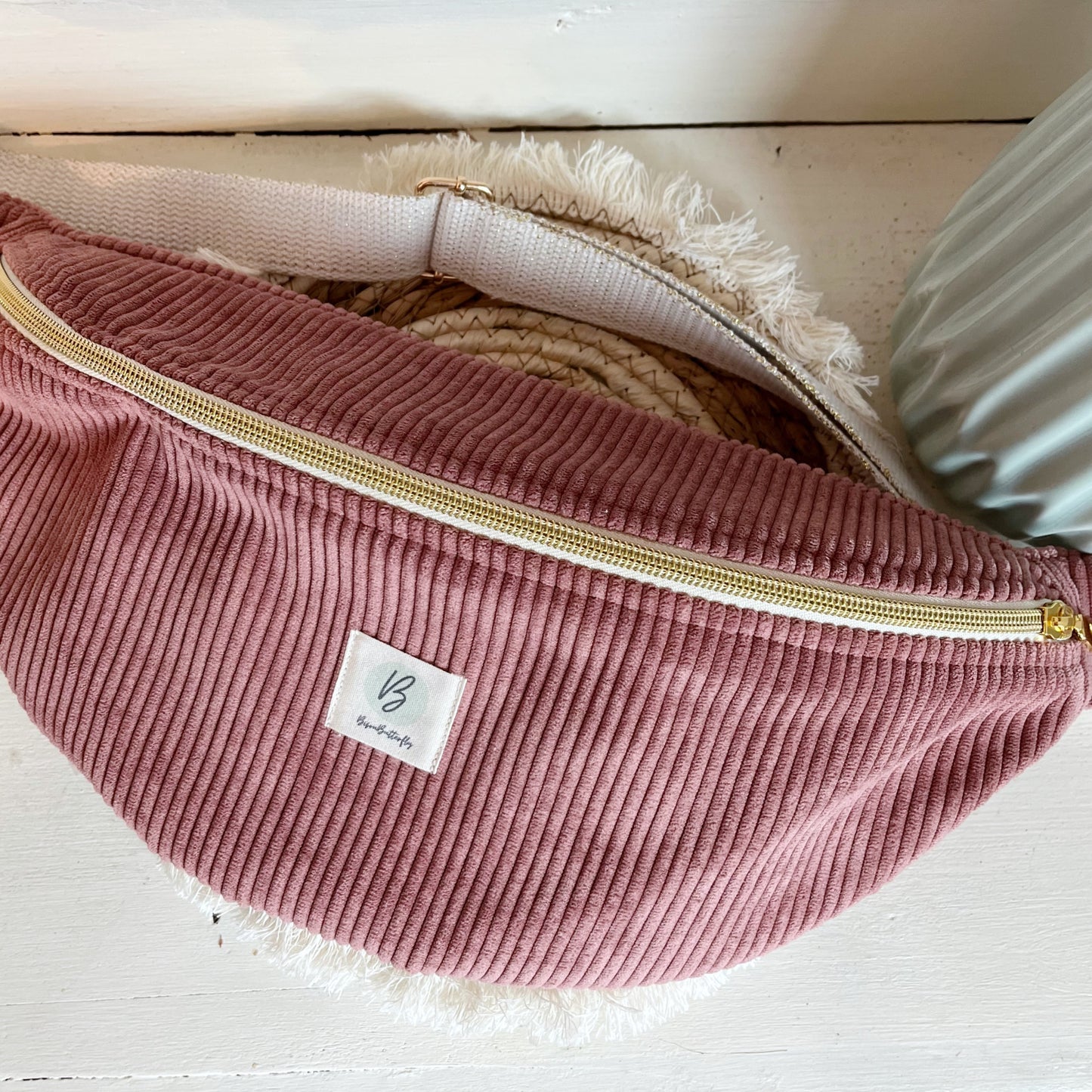 Sac Banane Velours côtelé couleur Vieux Rose, sangle réglable coton lurex