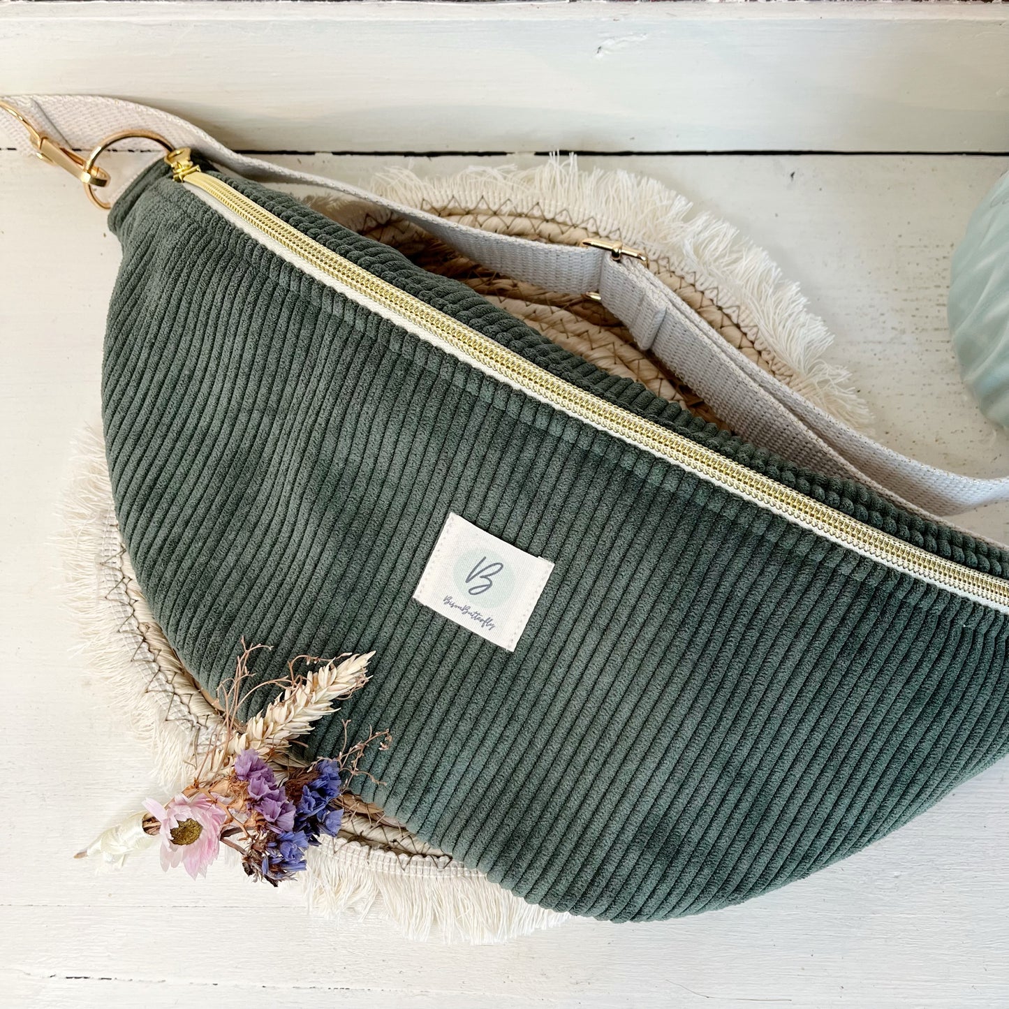 Sac Banane Velours côtelé couleur Kaki sangle réglable coton lurex