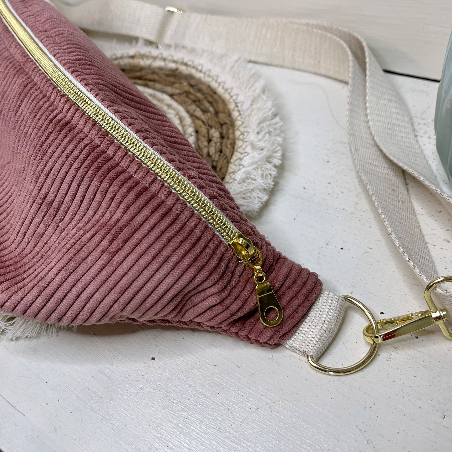 Sac Banane Velours côtelé couleur Vieux Rose, sangle réglable coton lurex