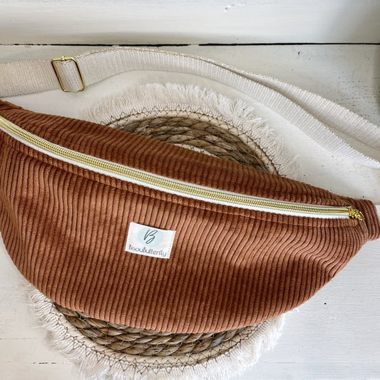 Sac Banane Velours côtelé couleur Noisette, sangle réglable coton lurex