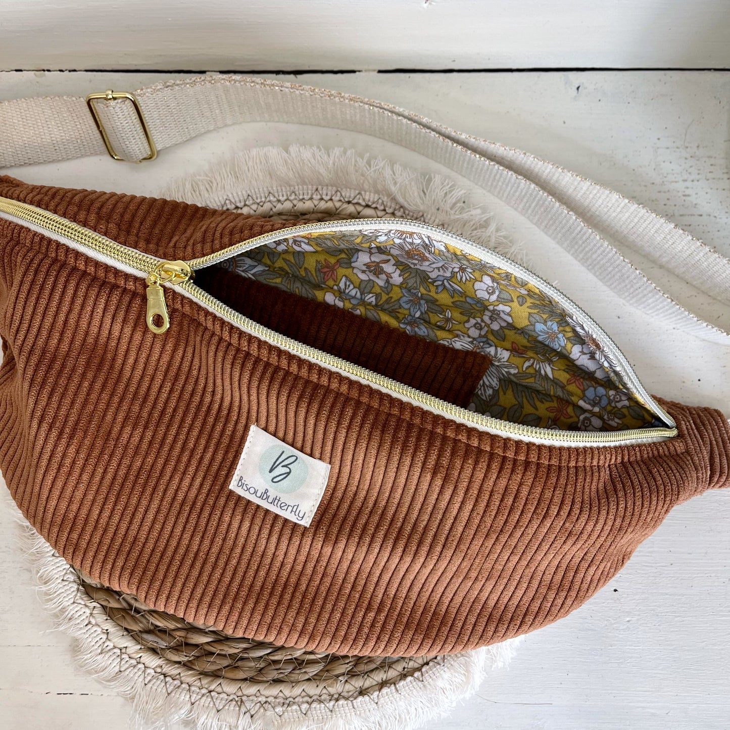Sac Banane Velours côtelé couleur Noisette, sangle réglable coton lurex