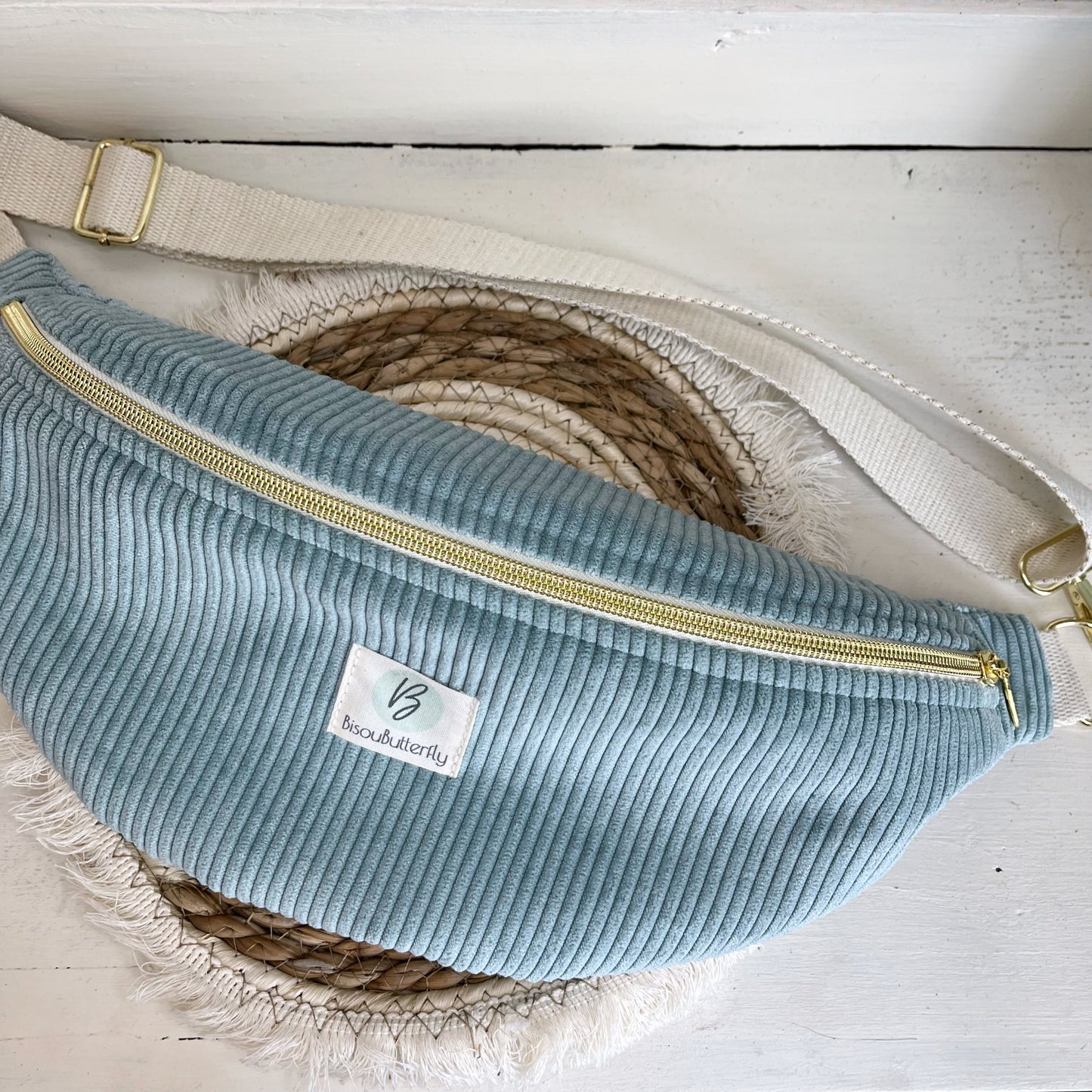 Sac Banane Velours côtelé couleur Bleu Clair, sangle réglable coton lurex