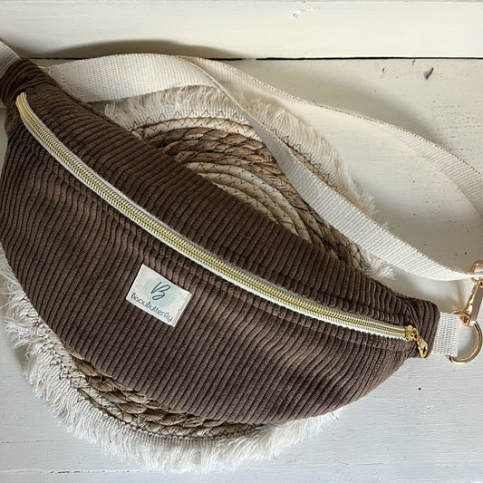 Sac Banane Velours côtelé Chocolat, sangle réglable coton lurex