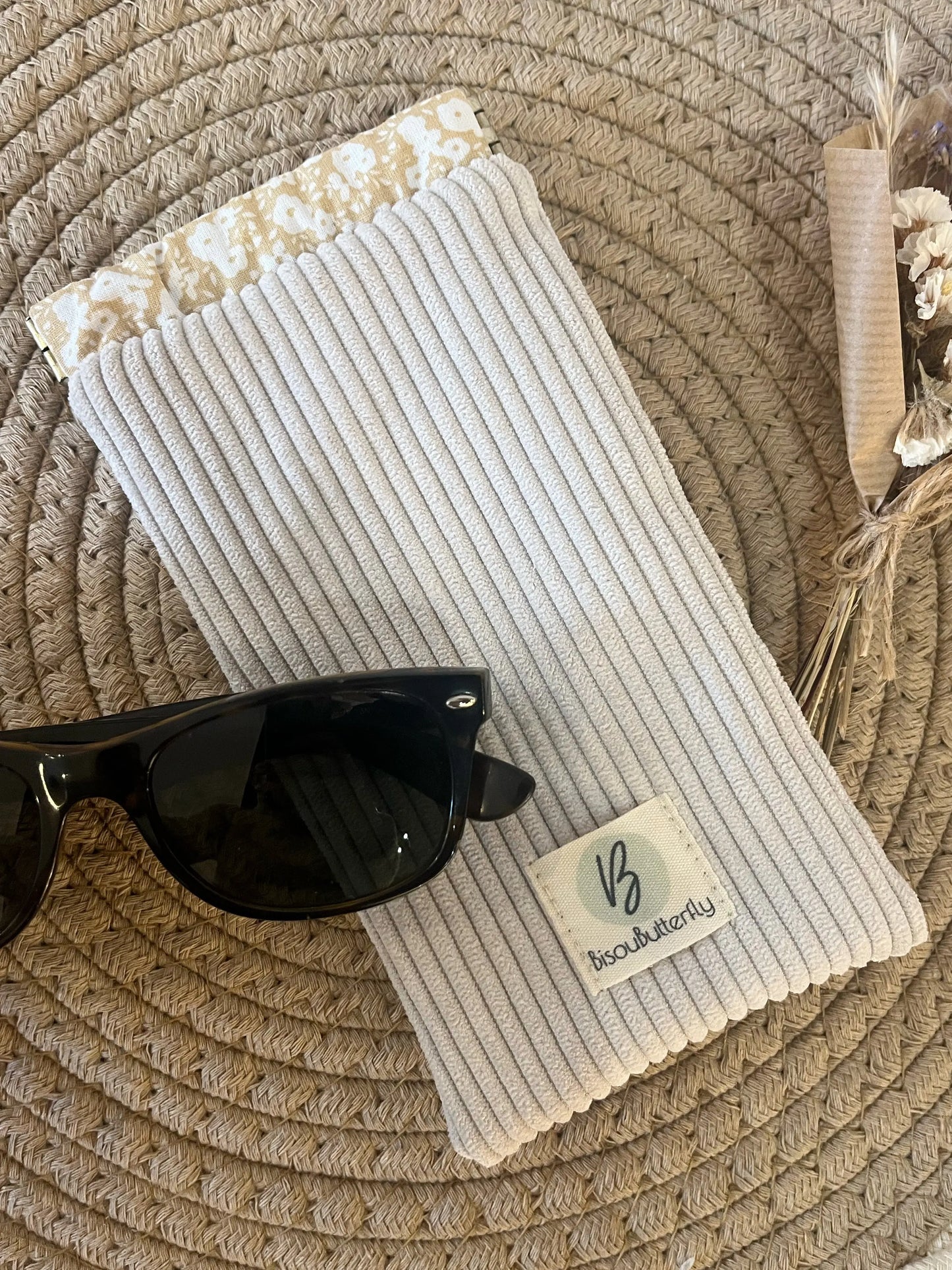 Étui à lunettes velours côtelé crème BisouButterfly doublure fleurie