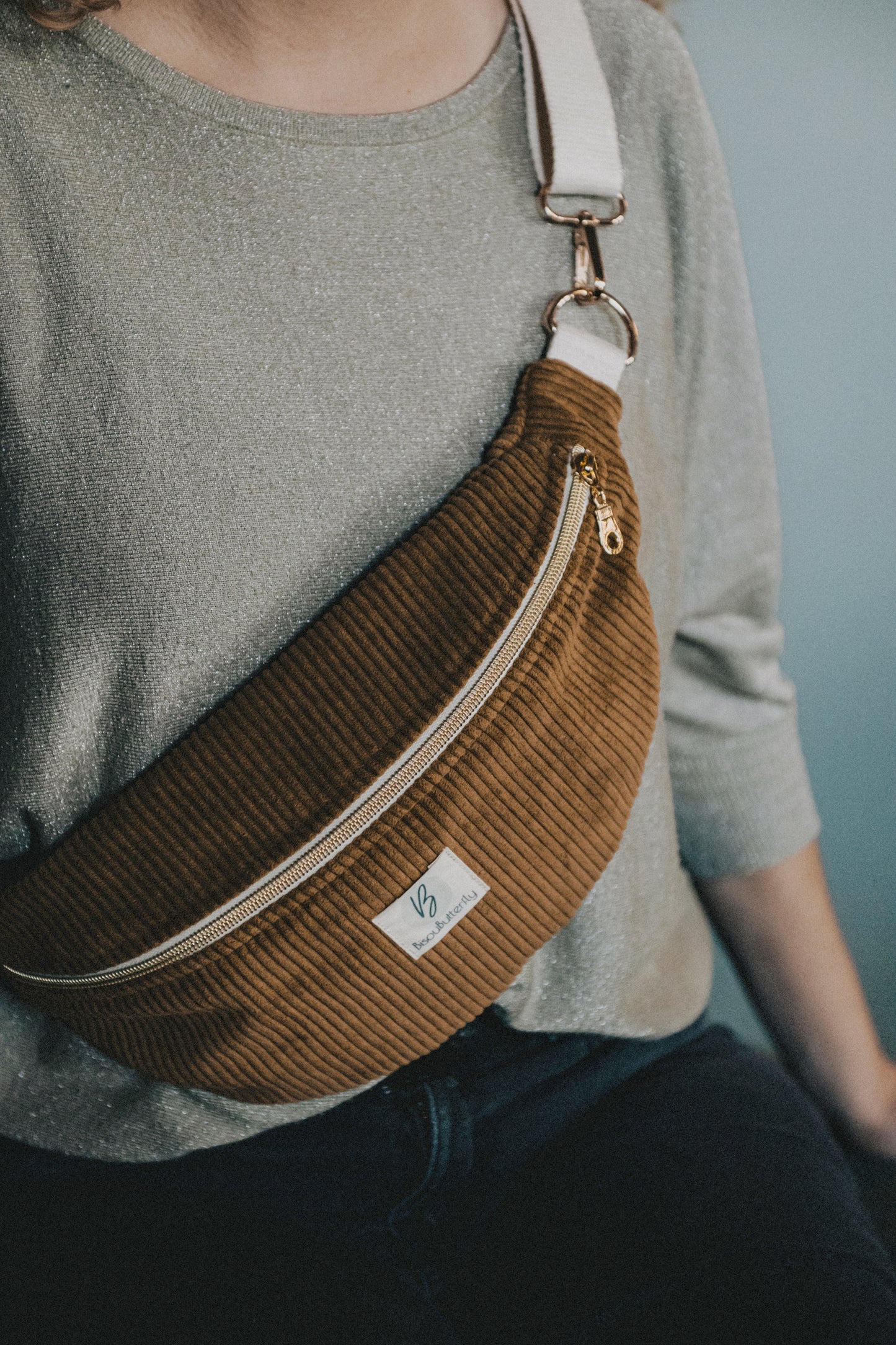 Sac Banane Velours côtelé Ocre, sangle réglable coton lurex