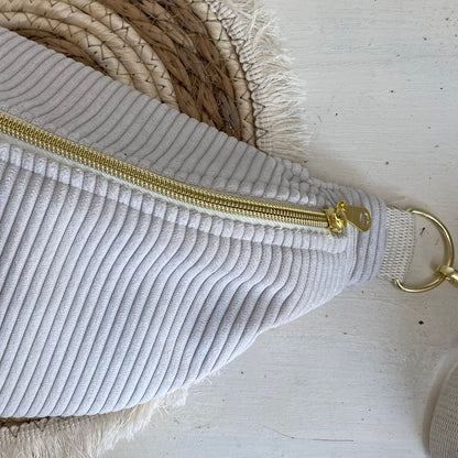 Sac Banane Velours côtelé couleur crême, sangle réglable coton lurex