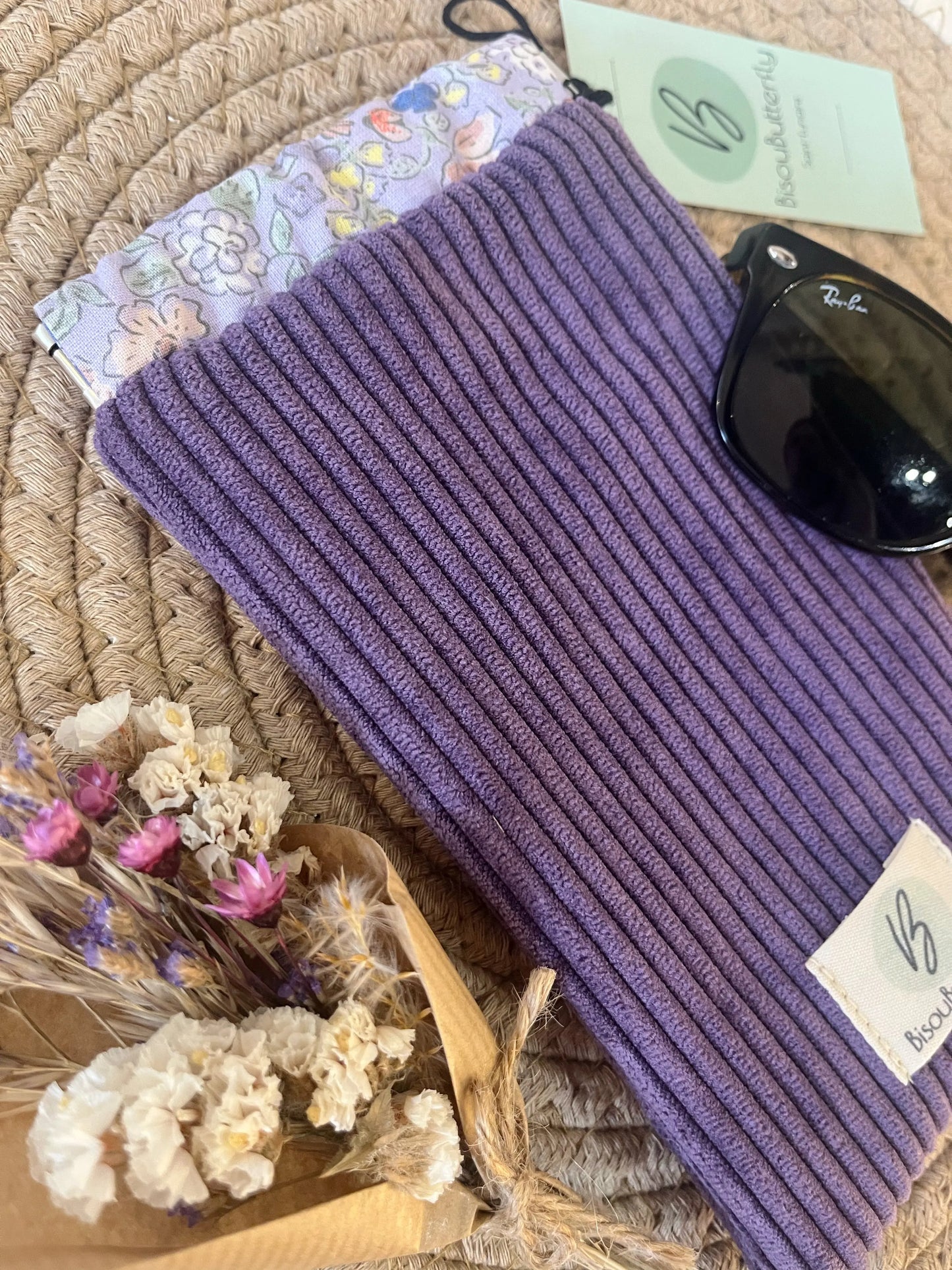Étui à lunettes velours côtelé violet BisouButterfly doublure fleurie