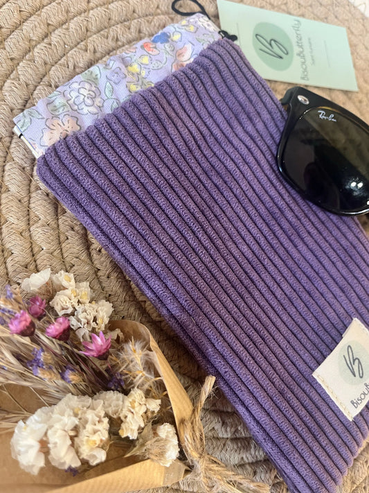 Étui à lunettes velours côtelé violet BisouButterfly doublure fleurie