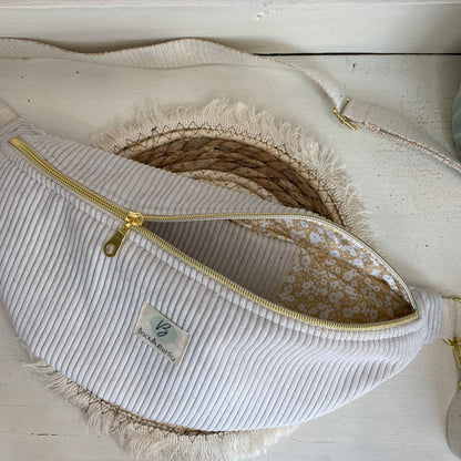 Sac Banane Velours côtelé couleur crême, sangle réglable coton lurex