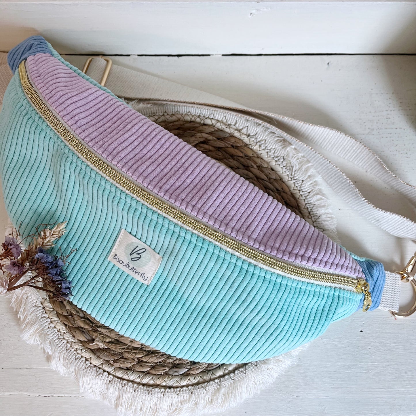 Sac Banane Velours côtelé multicolore, sangle réglable coton lurex