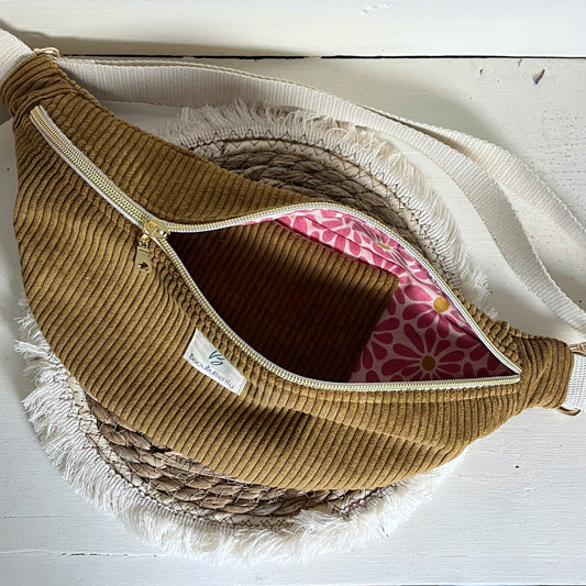 Sac Banane Velours côtelé Ocre, sangle réglable coton lurex