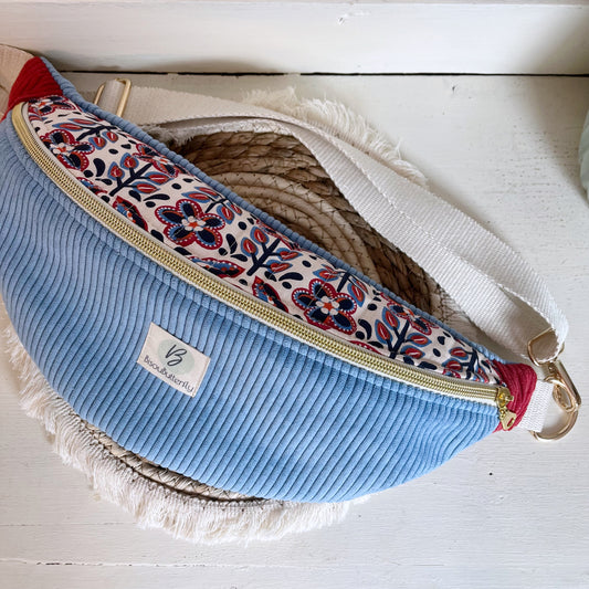 Sac Banane Velours côtelé tricolore fleurs, sangle réglable coton lurex