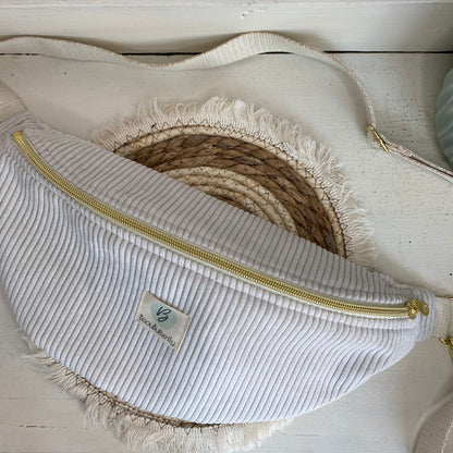 Sac Banane Velours côtelé couleur crême, sangle réglable coton lurex
