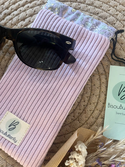 Étui à lunettes velours côtelé rose interieur fleurs