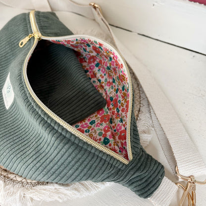 Sac Banane Velours côtelé couleur Kaki sangle réglable coton lurex