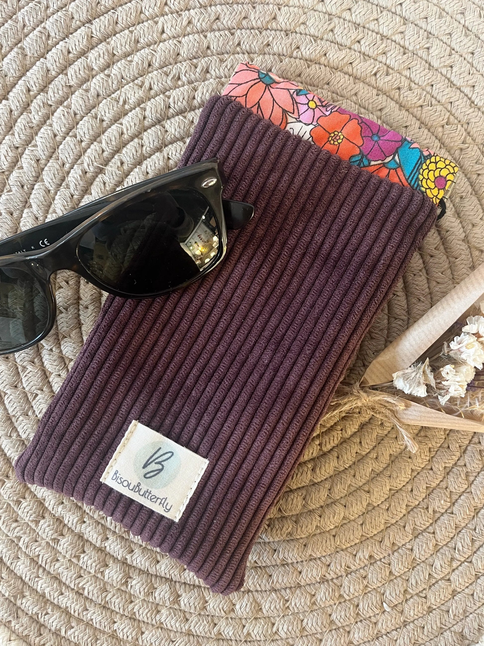 Étui à lunettes velours côtelé prune 