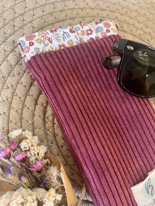 Étui à lunettes velours côtelé framboise BisouButterfly interieur fleuri