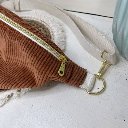 Sac Banane Velours côtelé couleur Noisette, sangle réglable coton lurex