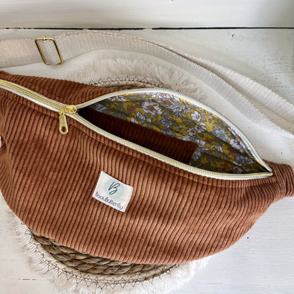 Sac Banane Velours côtelé couleur Noisette, sangle réglable coton lurex