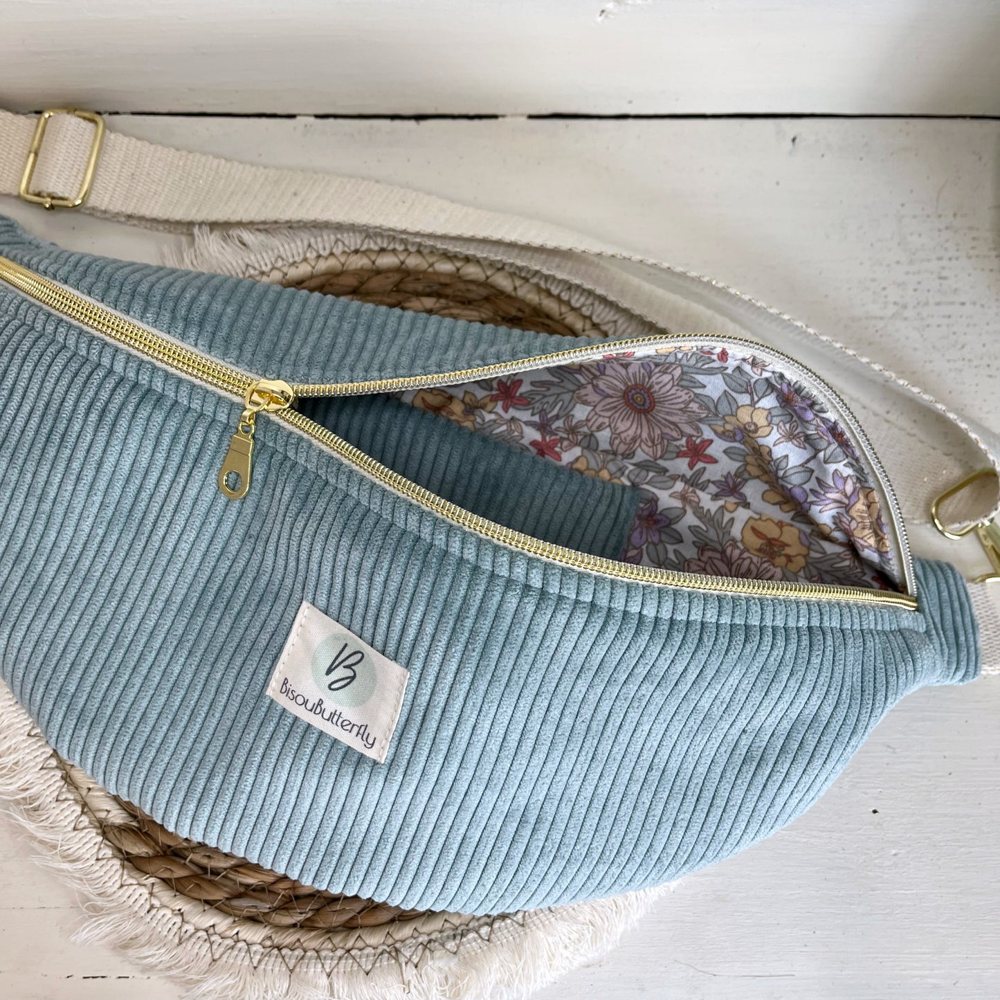 Sac Banane Velours côtelé couleur Bleu Clair, sangle réglable coton lurex