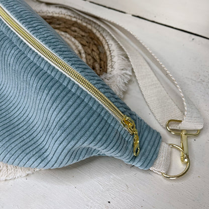 Sac Banane Velours côtelé couleur Bleu Clair, sangle réglable coton lurex