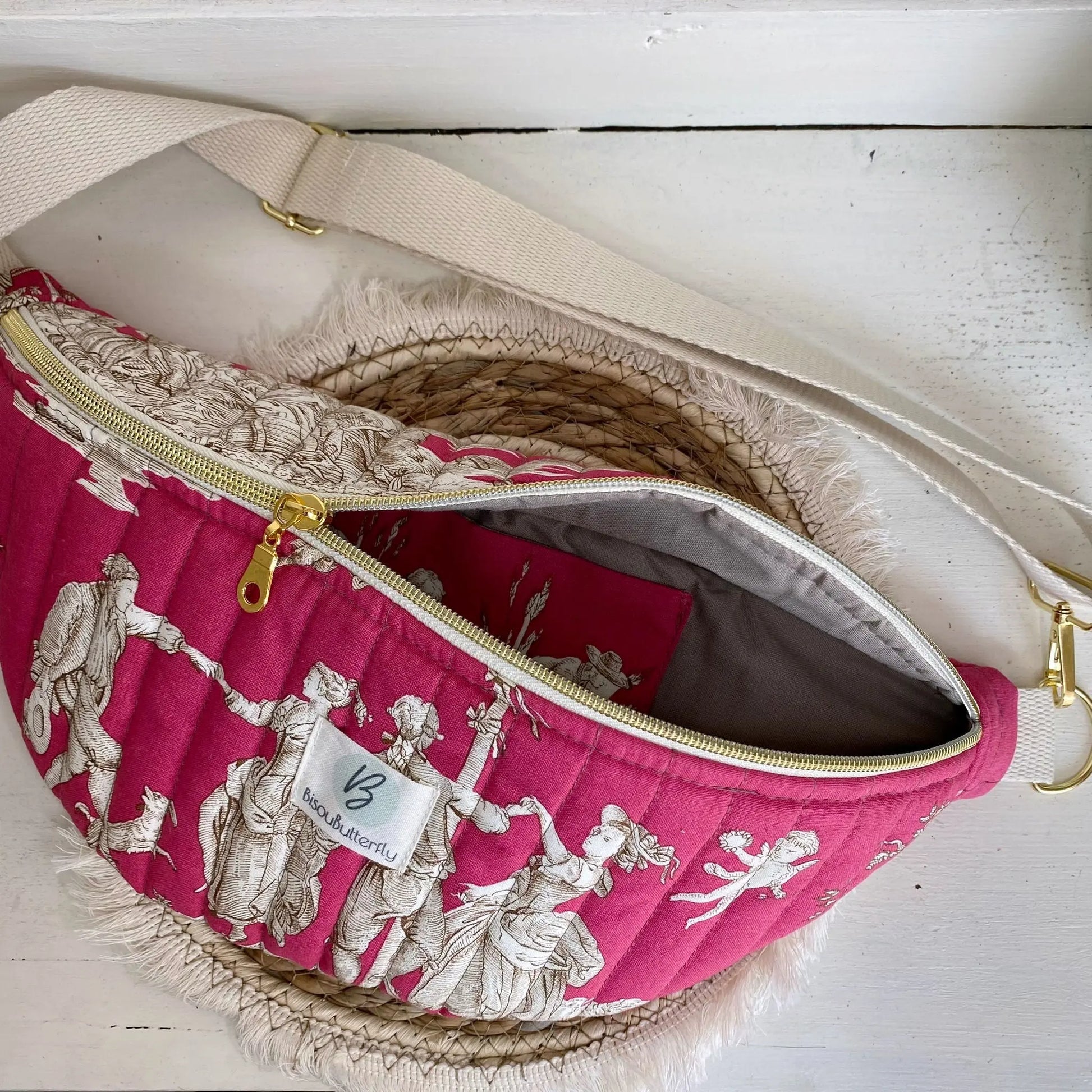 sac banane toile de jouy rose