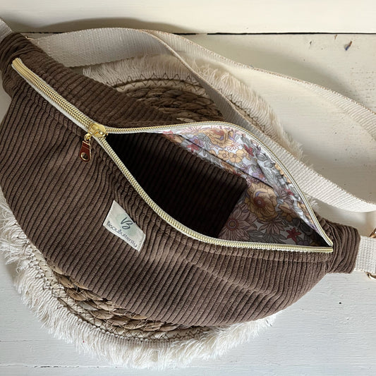 Sac Banane Velours côtelé Chocolat, sangle réglable coton lurex