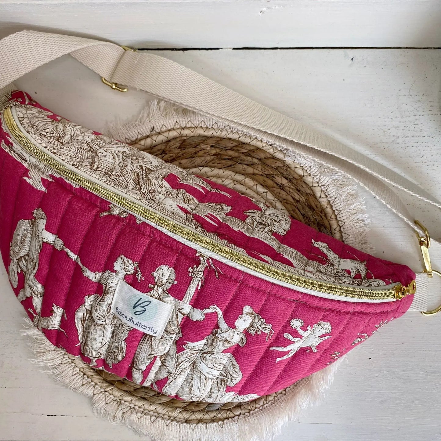 sac banane toile de jouy fuschia matelassé